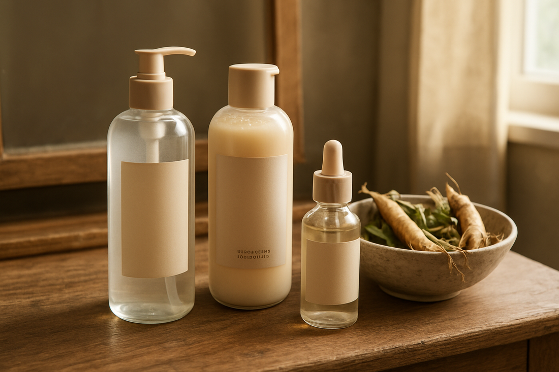 Hands applying Korean haircare serum from scalp to ends on thinning hair, gentle nourishment for fuller-looking strands