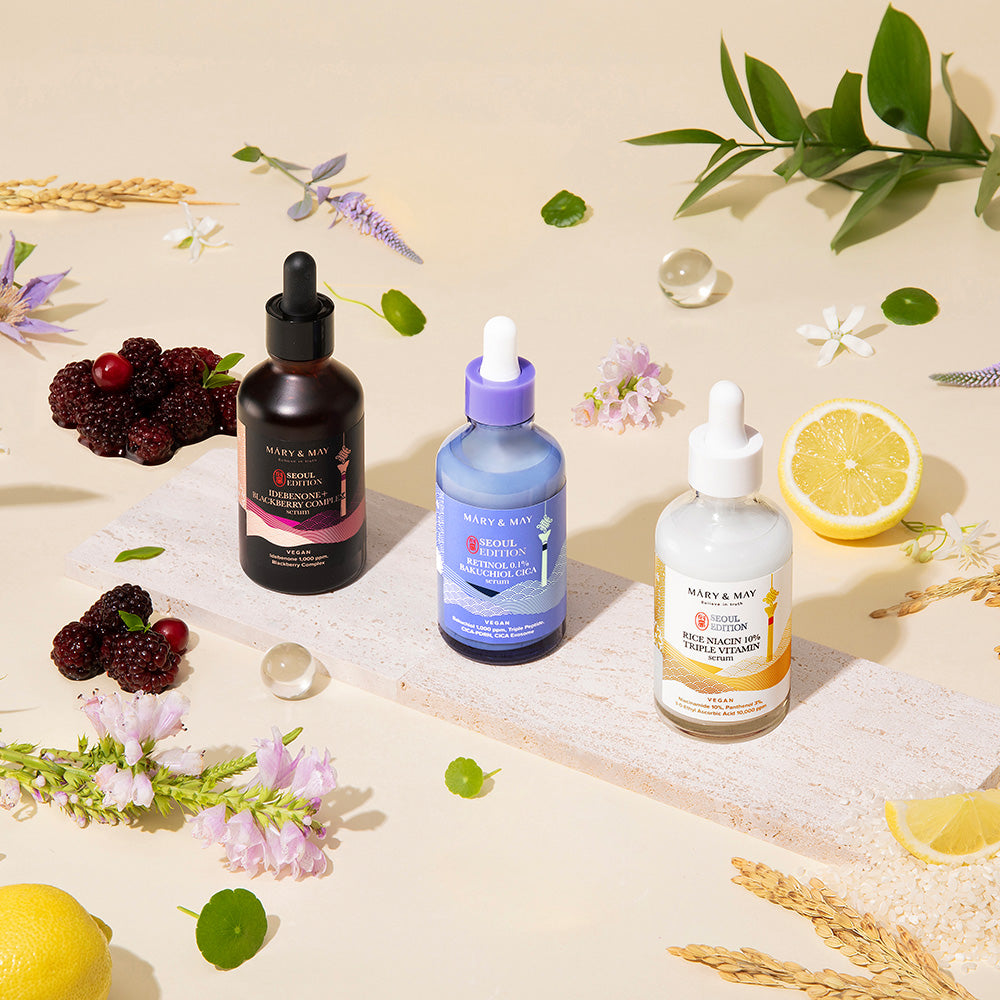 Mary & May Idebenone + Blackberry Complex Serum 80ml + Rice Niacin 10% Triple Vitamin Serum 80ml + Retinol 0.1% Bakuchiol Cica Serum 80ml