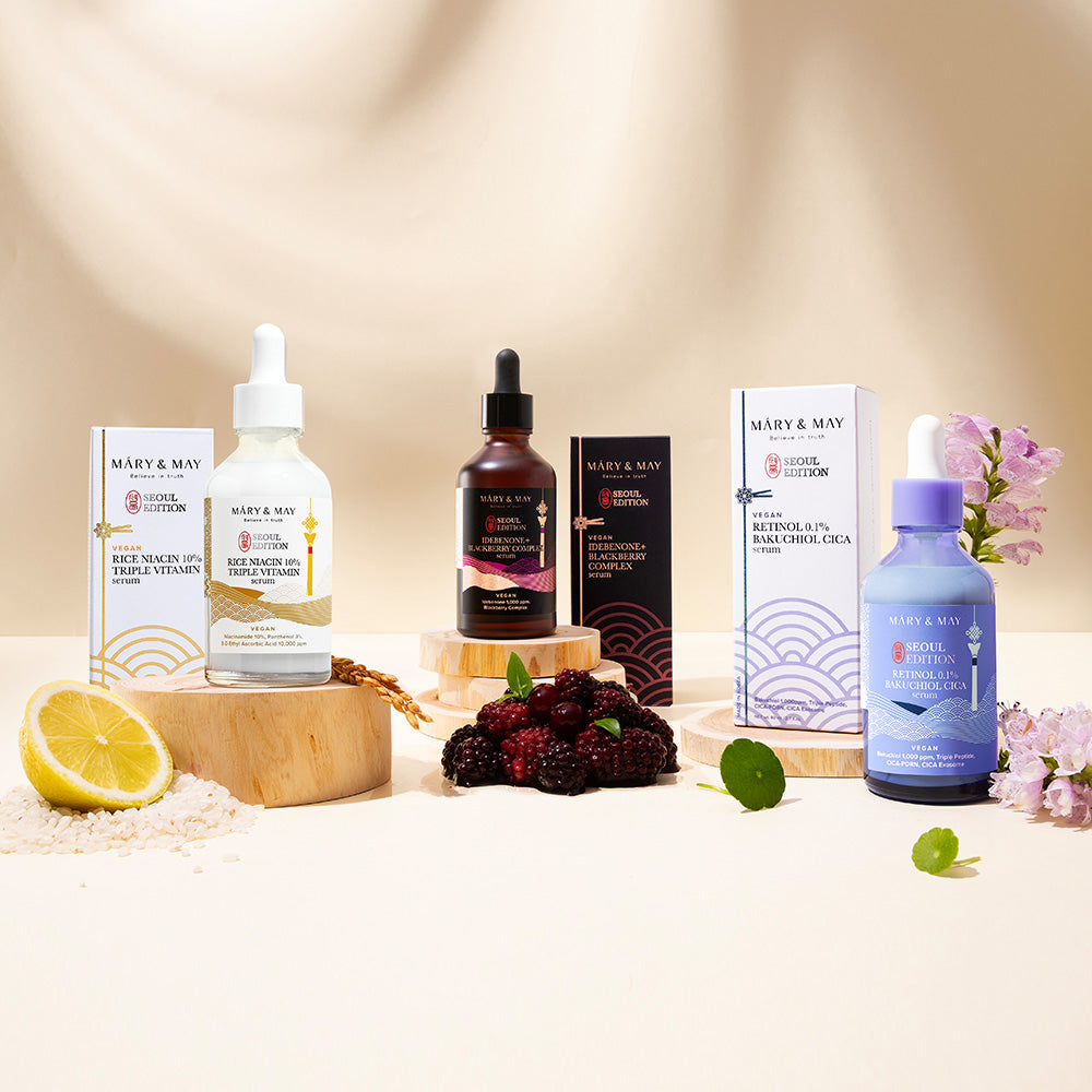 Mary & May Idebenone + Blackberry Complex Serum 80ml + Rice Niacin 10% Triple Vitamin Serum 80ml + Retinol 0.1% Bakuchiol Cica Serum 80ml