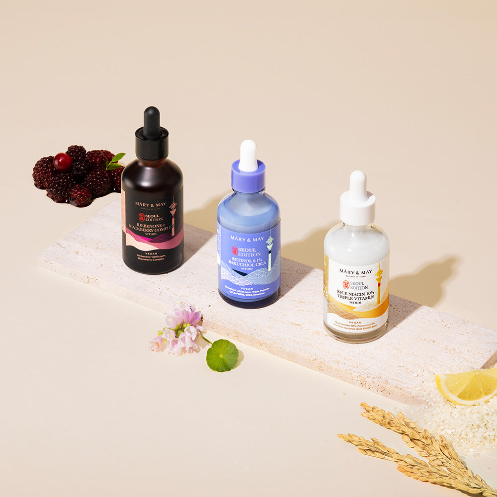 Mary & May Idebenone + Blackberry Complex Serum 80ml + Rice Niacin 10% Triple Vitamin Serum 80ml + Retinol 0.1% Bakuchiol Cica Serum 80ml