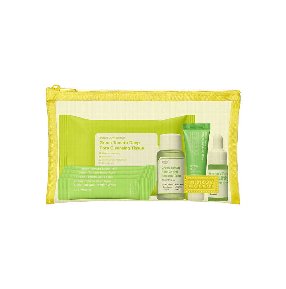 SUNGBOON EDITOR Green Tomato Travel Kit 150g - Complete Skincare Set with Cleansing Tissues, Powder Wash, Toner, Ampoule & Sunscreen