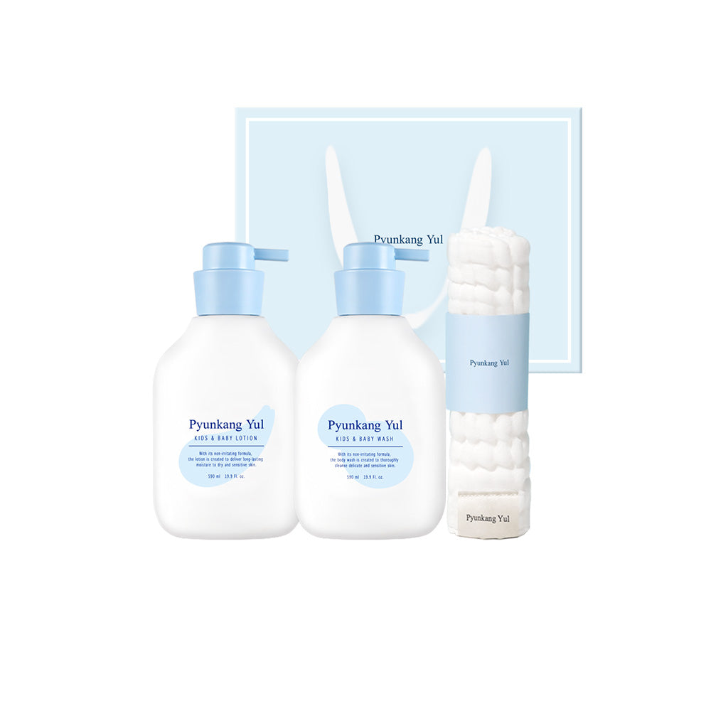 Pyunkang Yul Kids & Baby Daily Care Gift Set with 590ml Wash, 590ml Lotion, and 100% Cotton Gauze Towel