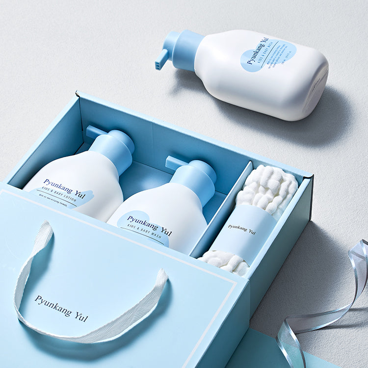 Pyunkang Yul Kids & Baby Daily Care Gift Set with 590ml Wash, 590ml Lotion, and 100% Cotton Gauze Towel