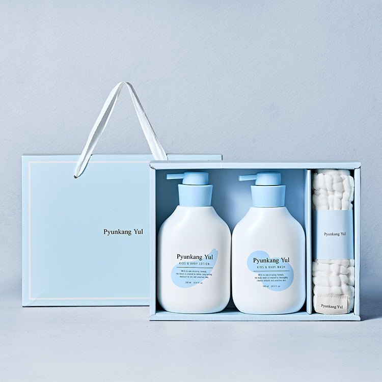 Pyunkang Yul Kids & Baby Daily Care Gift Set with 590ml Wash, 590ml Lotion, and 100% Cotton Gauze Towel